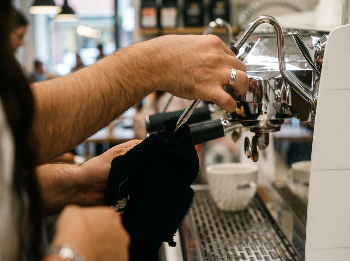 Professional barista dialling in espresso behind a specialty café bar
