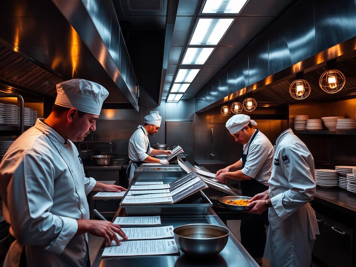 Organised commercial kitchen working to printed operating checklists